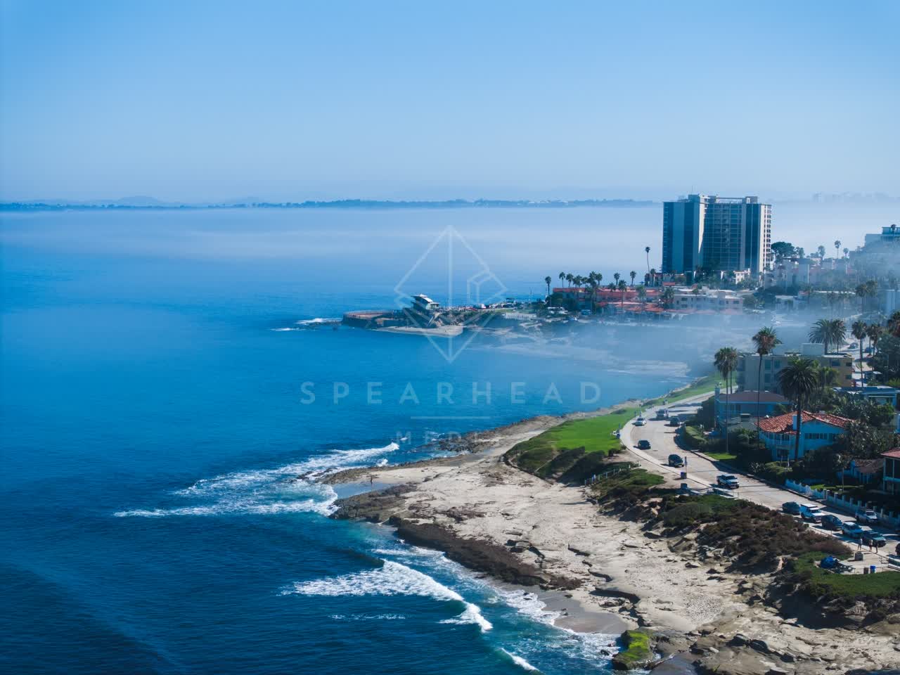 Aerial view of the beach, the surf and palm trees at Windansea.
