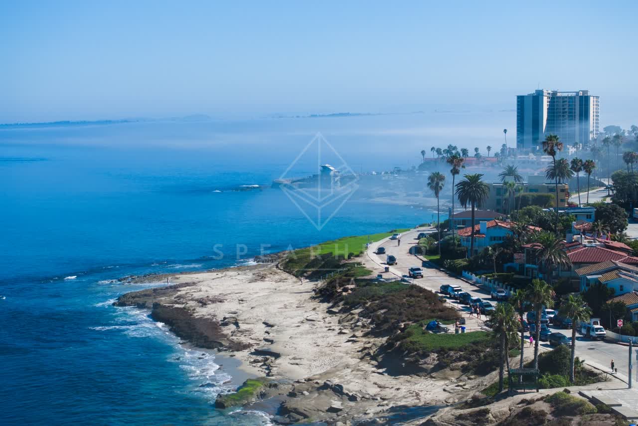 Aerial view of the beach, palm trees and the ocean at Windansea, with people walking.