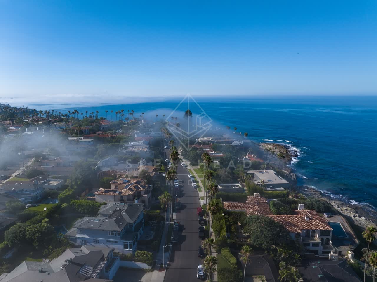 Aerial view of a residential street, palm trees and the ocean at Lower Hermosa.