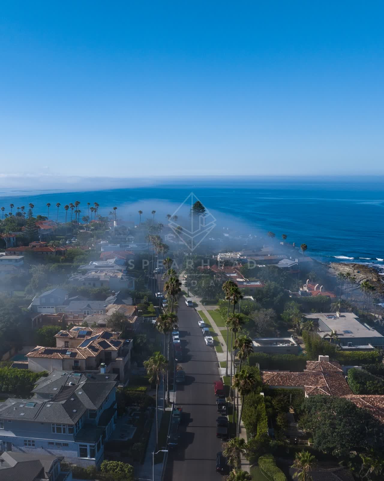 Aerial view of a residential street, palm trees and the ocean at Lower Hermosa.