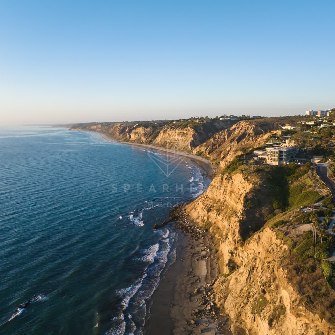 Aerial view of the cliffs, palm trees and the ocean at Black’s Beach.