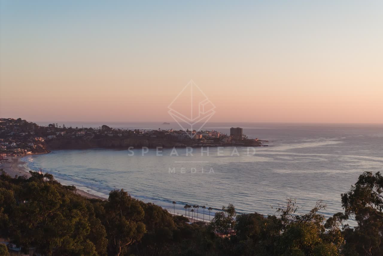 Elevated view of the cliffs, palm trees and the ocean at La Jolla Shores.