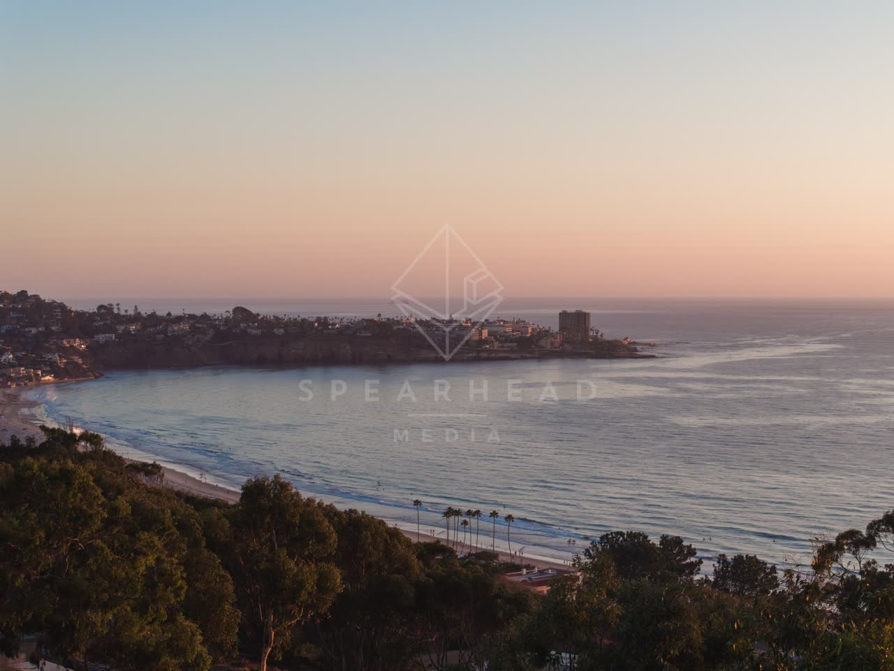 Aerial view of the cliffs, palm trees and the ocean at La Jolla Shores.