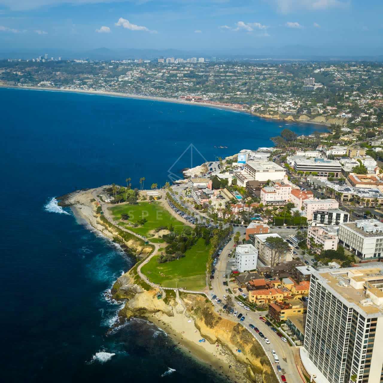 Aerial view of the cliffs, palm trees and the ocean at La Jolla Cove.