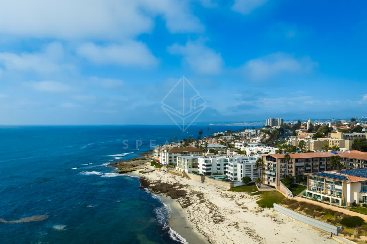 Aerial view of the beach, palm trees and the ocean in La Jolla.