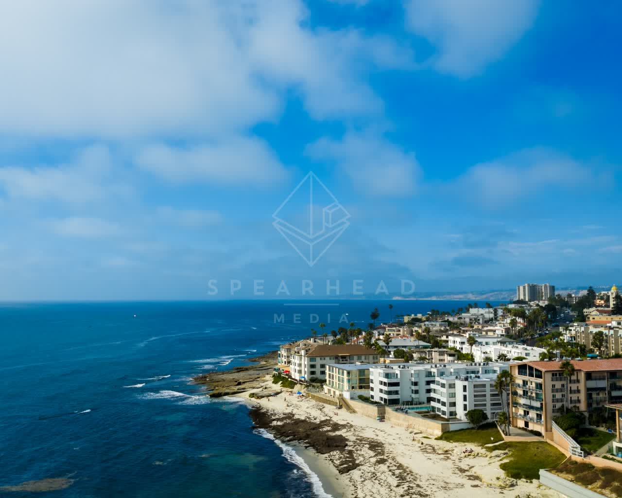 Aerial view of the beach, the surf and palm trees in La Jolla.