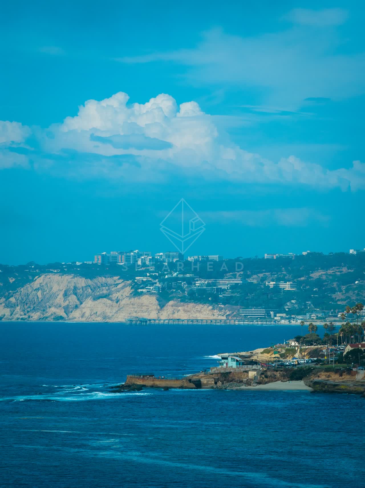 Aerial view of the cliffs, the pier and the ocean at La Jolla Cove.