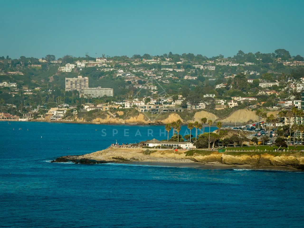 Aerial view of the cliffs, palm trees and the ocean at La Jolla Cove.