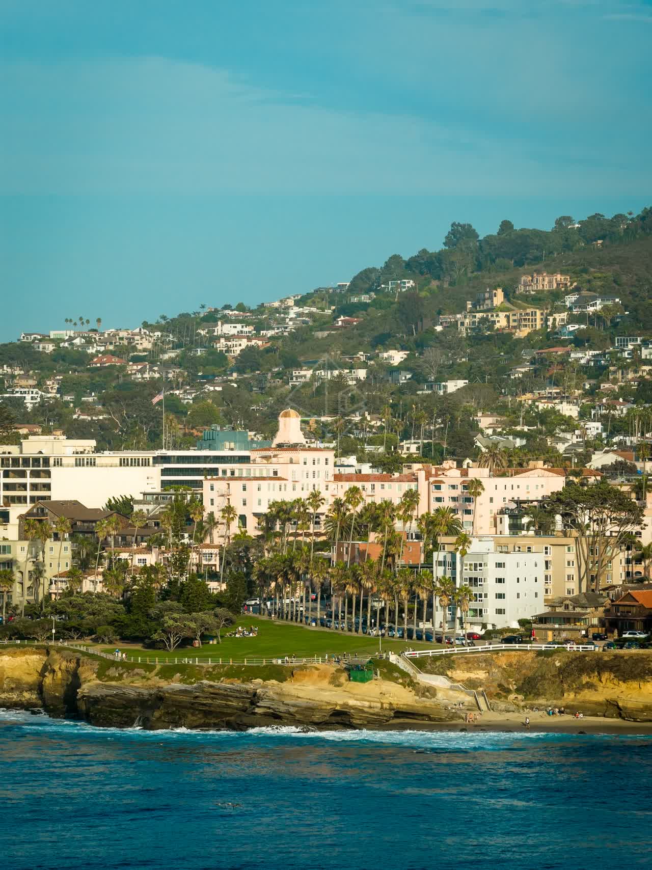 Aerial view of the cliffs, palm trees and the ocean at La Jolla Cove.