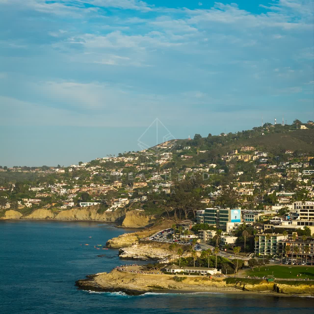 Aerial view of the cliffs, palm trees and the ocean at La Jolla Cove.
