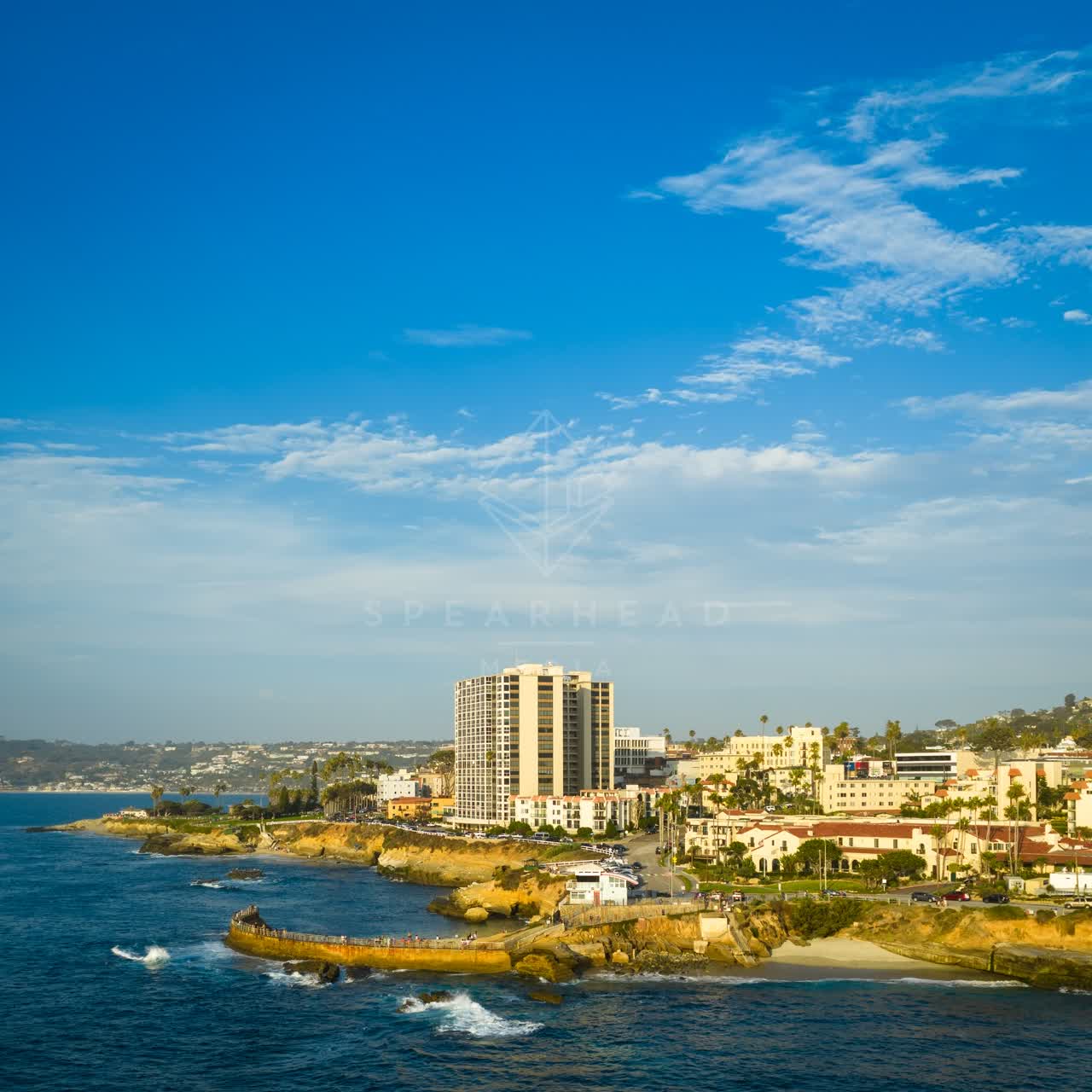 Aerial view of the cliffs, palm trees and the ocean at Village of La Jolla.