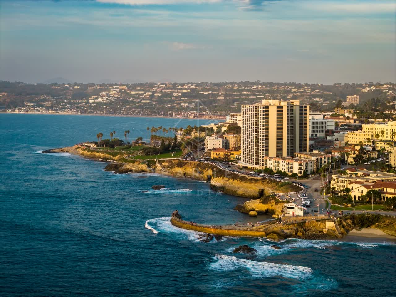 Aerial view of the cliffs, palm trees and the ocean at Village of La Jolla.