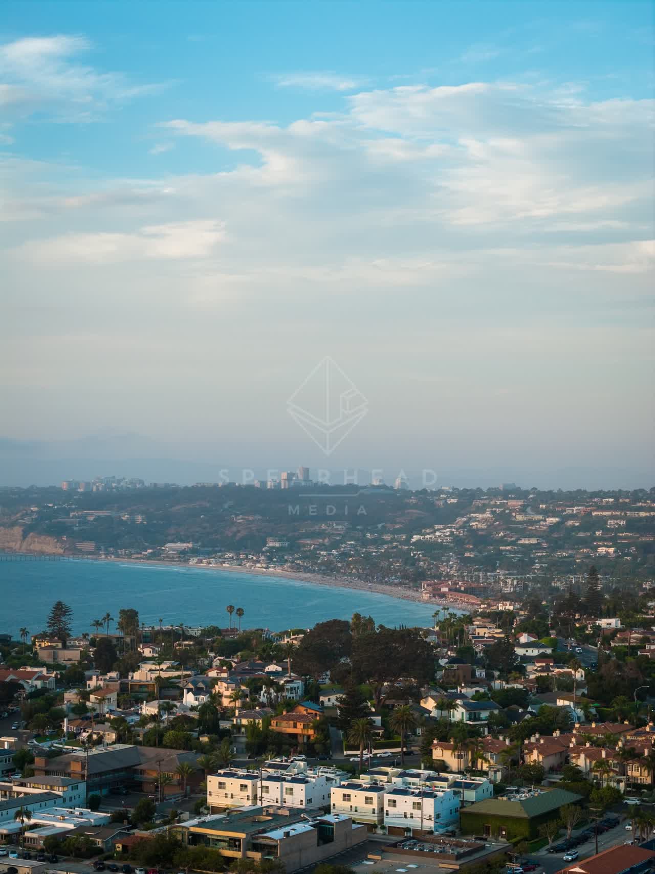 Aerial view of a residential street, palm trees and the ocean at La Jolla Cove.
