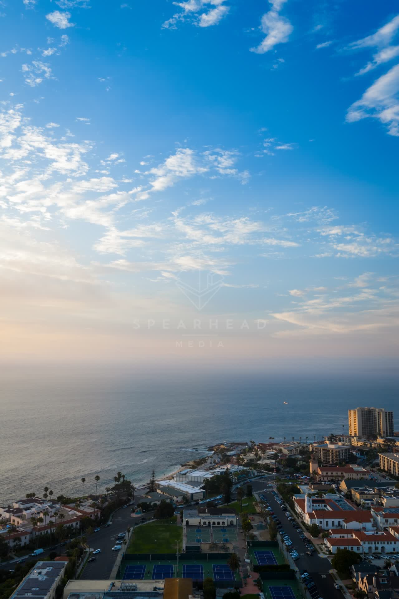 Aerial view of the cliffs, palm trees and the ocean at La Jolla Cove.