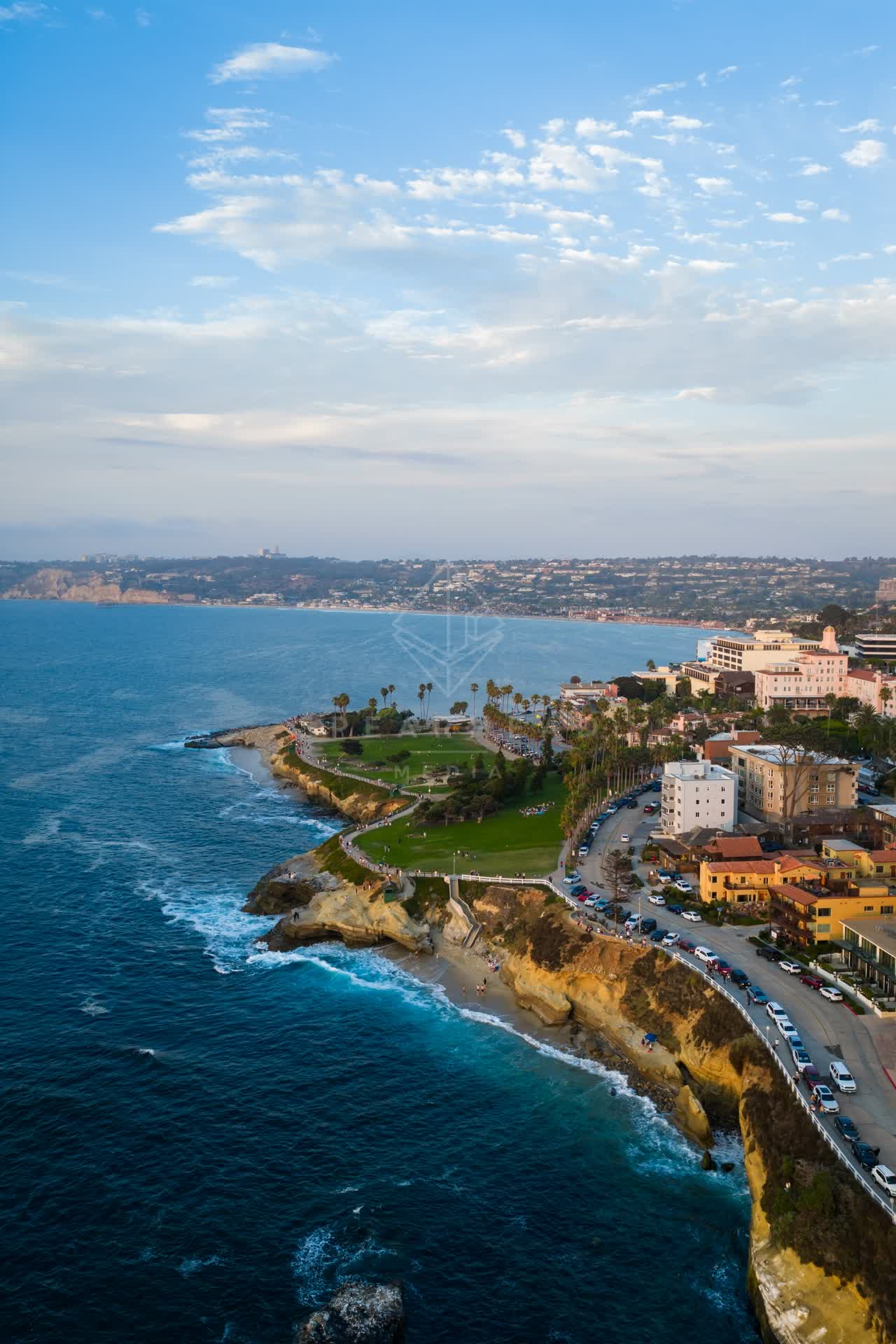 Aerial view of the cliffs, palm trees and the ocean at Village of La Jolla.