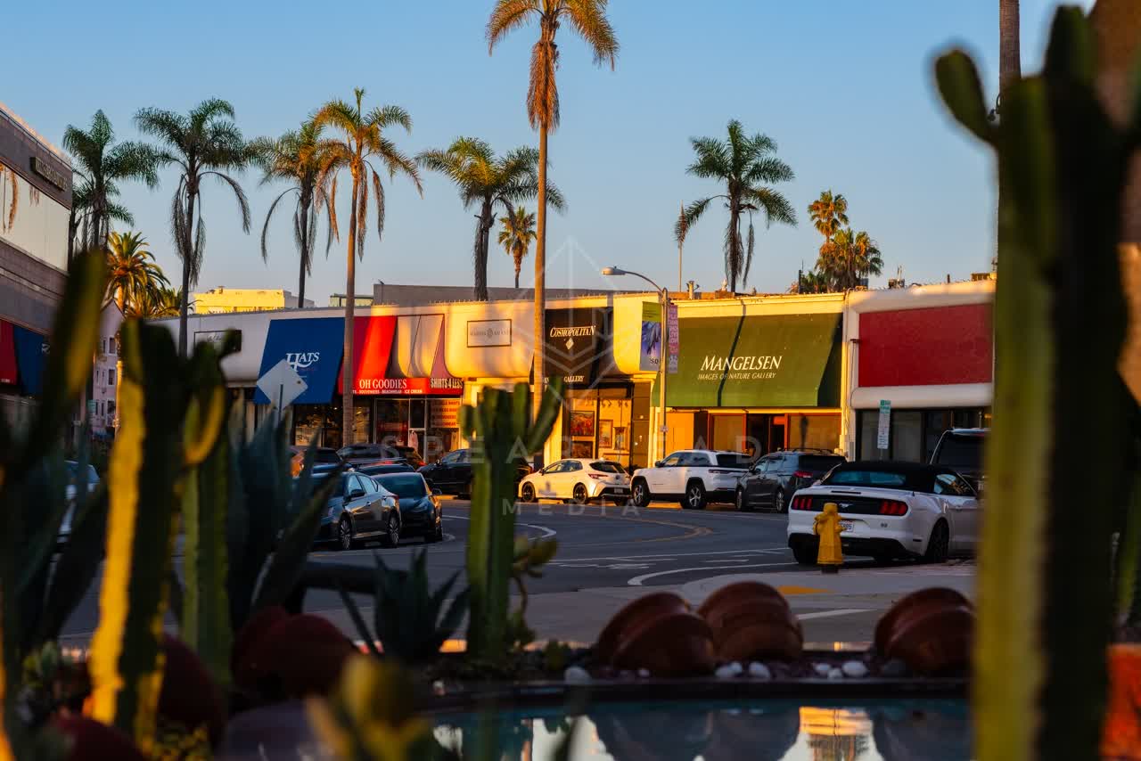 The downtown streets, palm trees and the buildings at Village of La Jolla.
