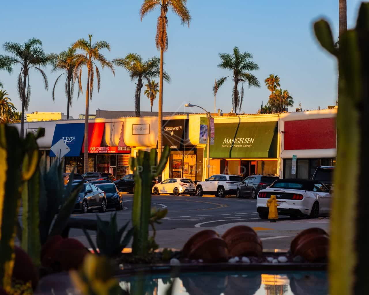 The downtown streets, palm trees and the buildings at Village of La Jolla.