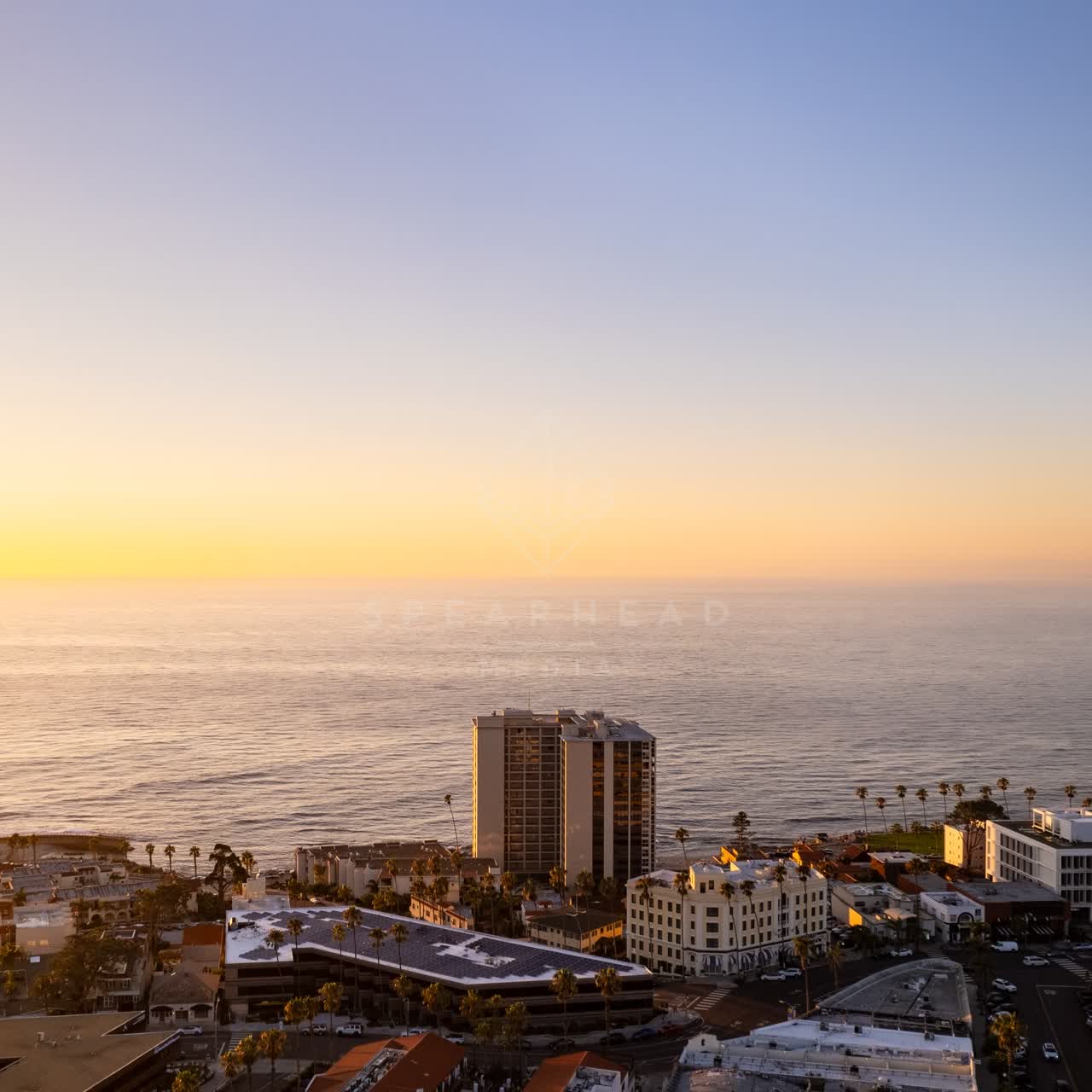 Aerial view of the beach, palm trees and the ocean at La Jolla Cove.