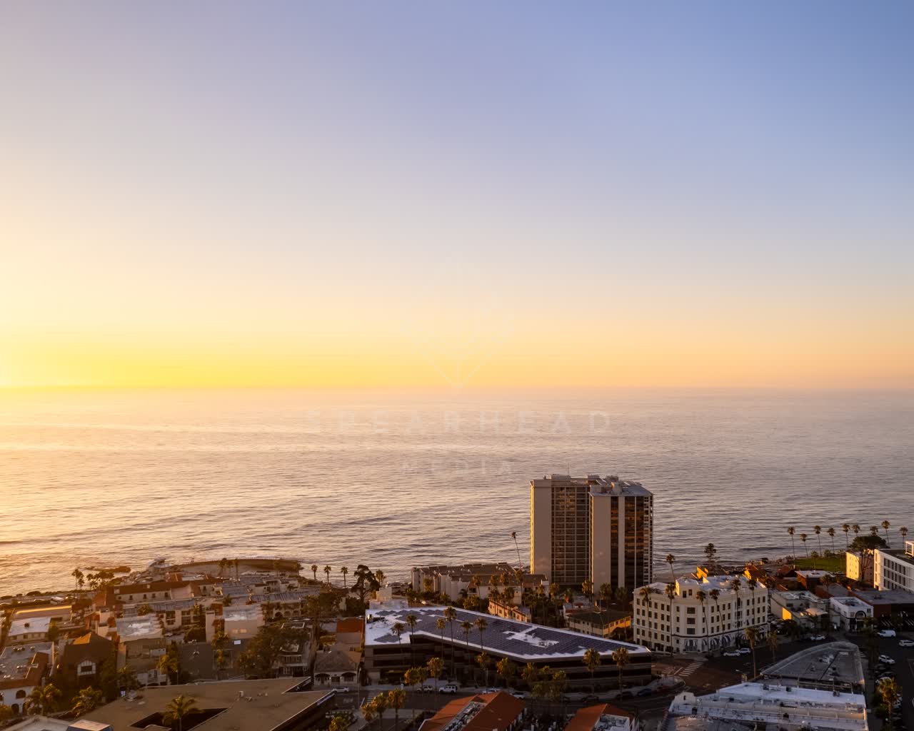 Aerial view of the cliffs, palm trees and the ocean at La Jolla Cove.