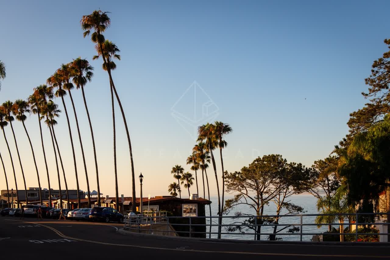The beach, palm trees and the ocean at Village of La Jolla, with people walking.