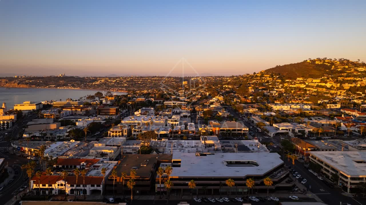 Aerial view of the downtown streets, palm trees and the ocean at La Jolla Cove.