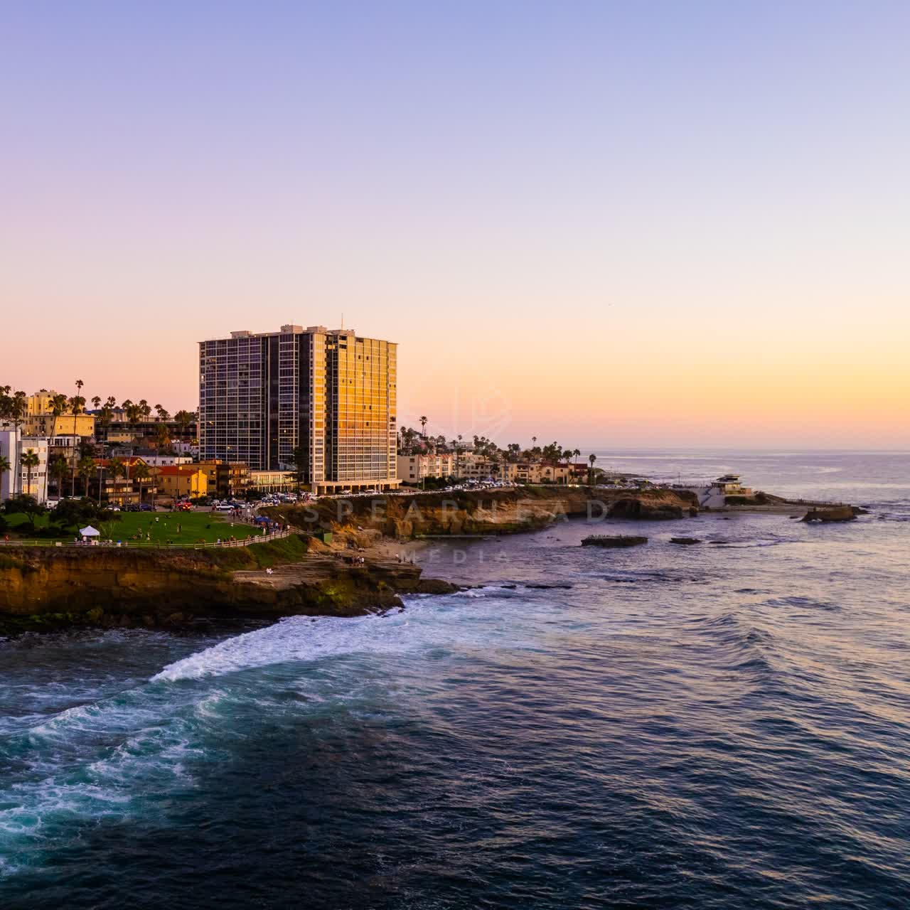 Aerial view of the cliffs, palm trees and the ocean at La Jolla Cove.