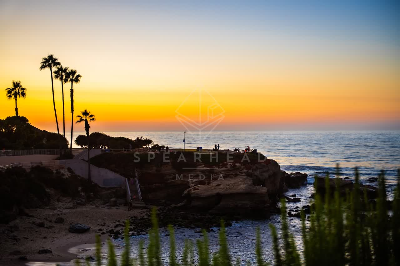 Elevated view of the cliffs, palm trees and the ocean at La Jolla Cove, with people walking.