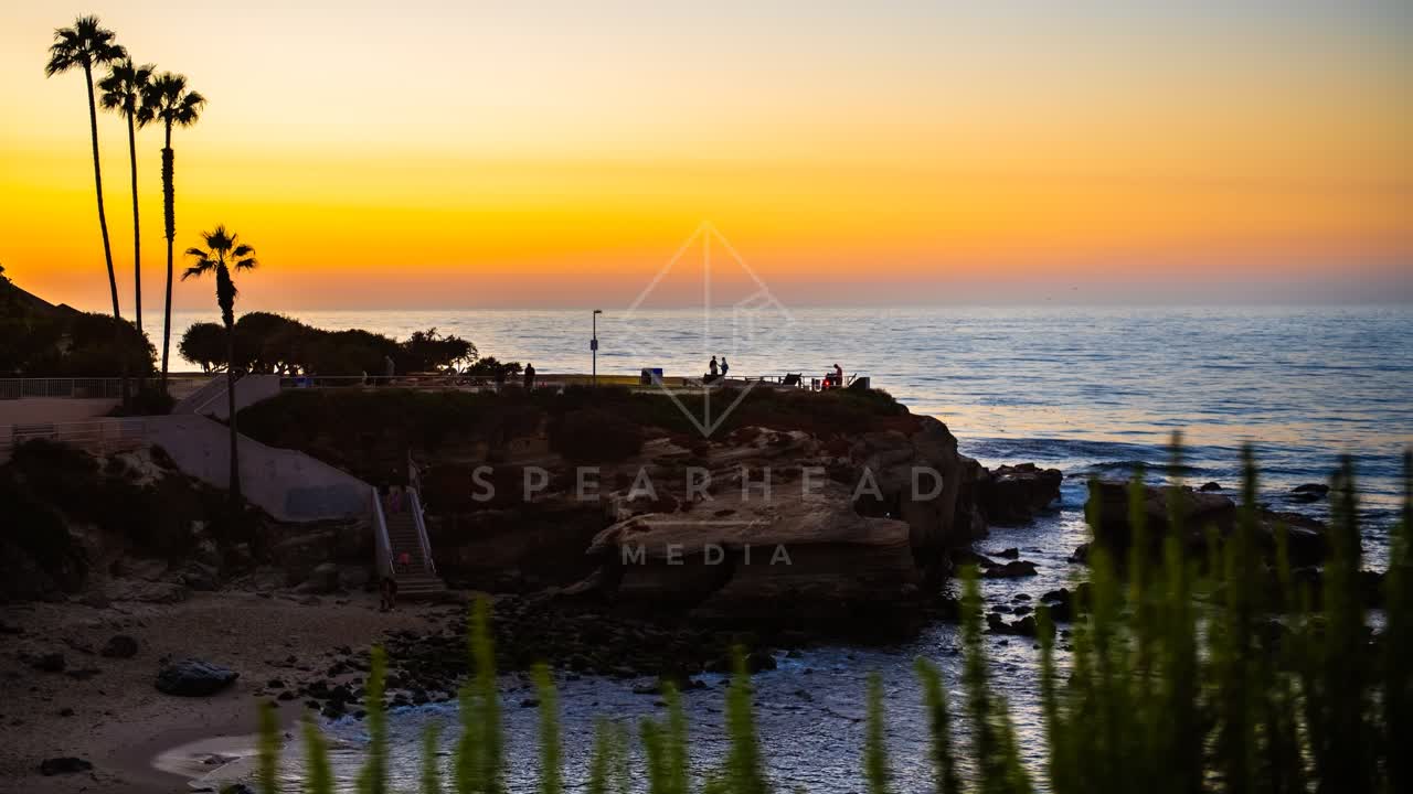 Elevated view of the cliffs, palm trees and the ocean at La Jolla Cove, with people walking.