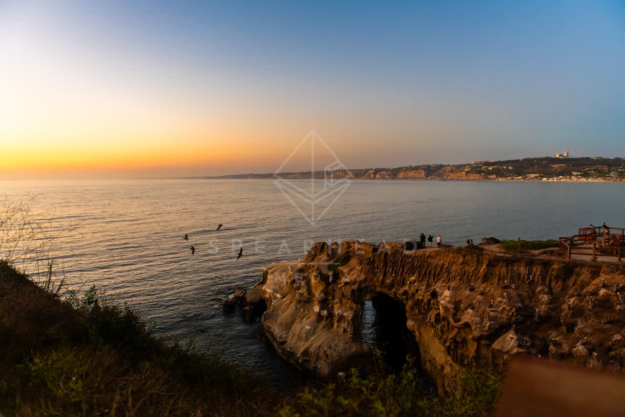 The cliffs, wildlife and the ocean at La Jolla Cove, with a crowd gathered.
