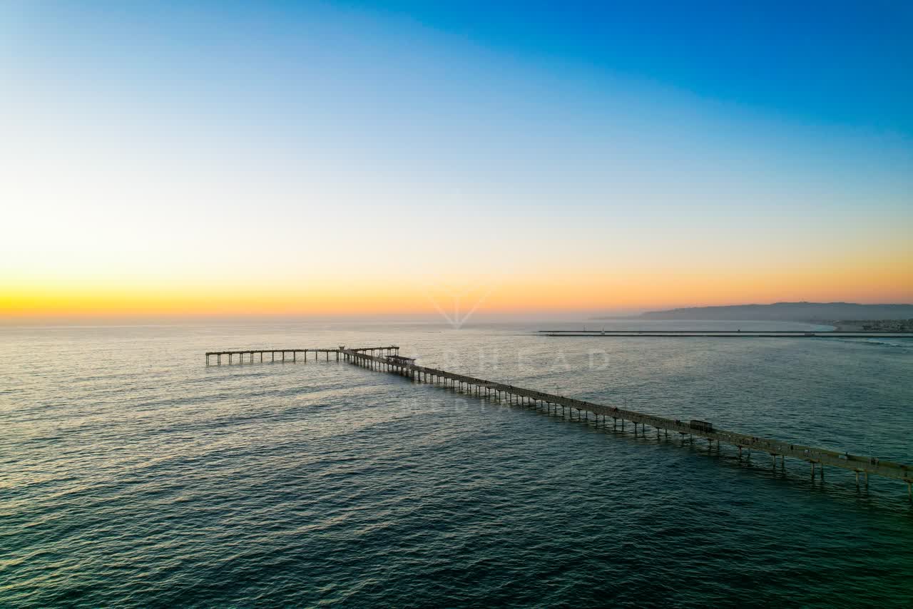 Aerial view of the beach, the pier and the ocean in Ocean Beach.