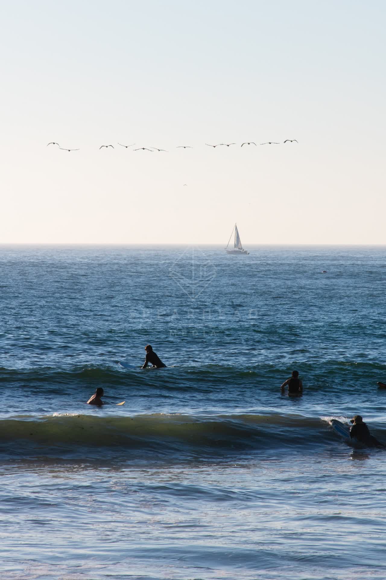 View from the water of the beach, the surf and boats in Ocean Beach, with surfers out.