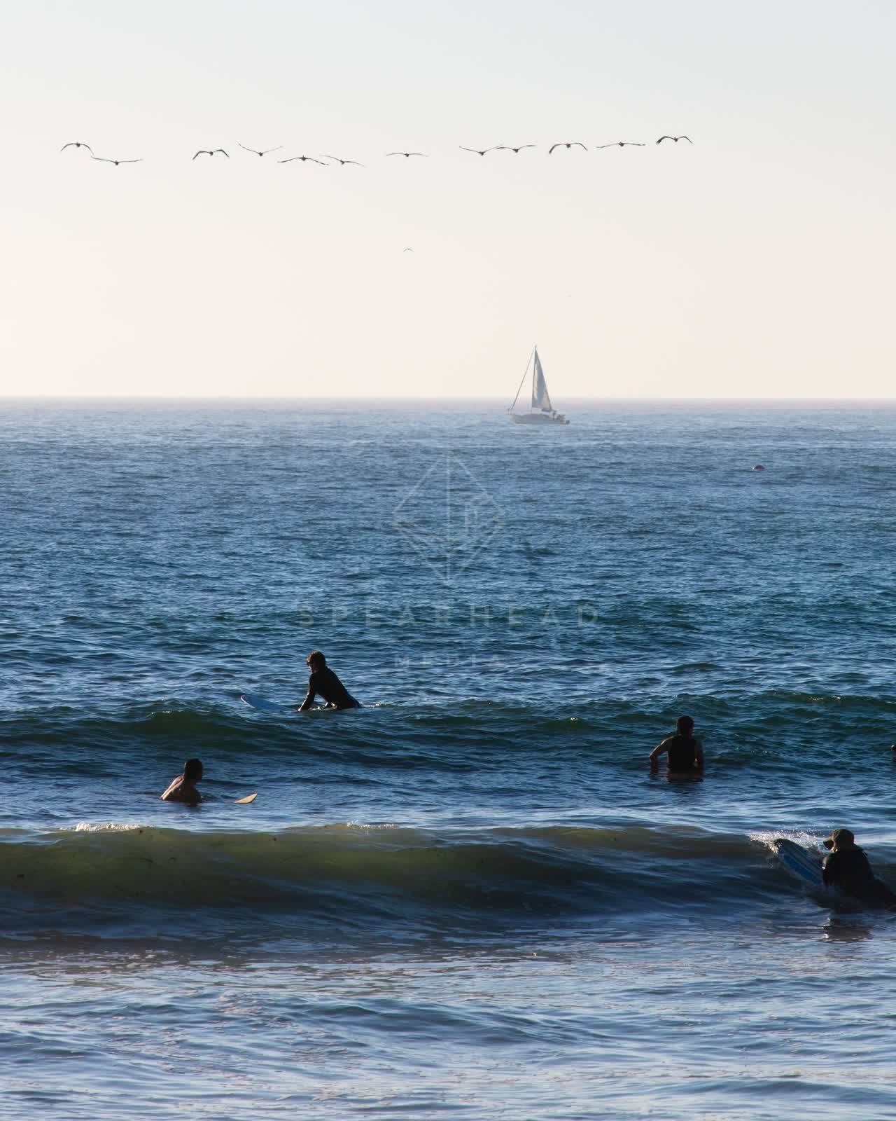 View from the water of the beach, the surf and boats in Ocean Beach, with surfers out.