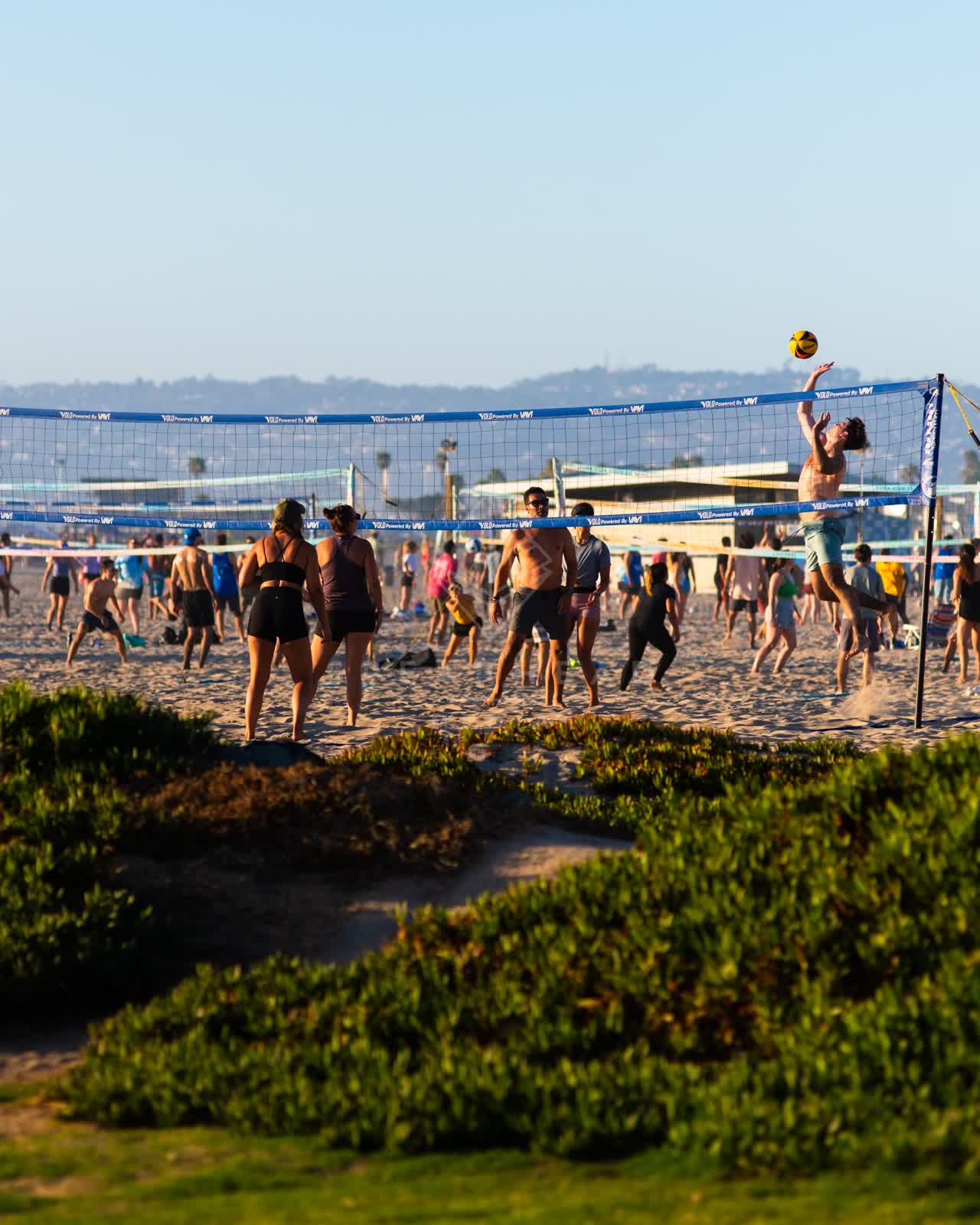 The beach and open country in Ocean Beach, with swimmers in the water.
