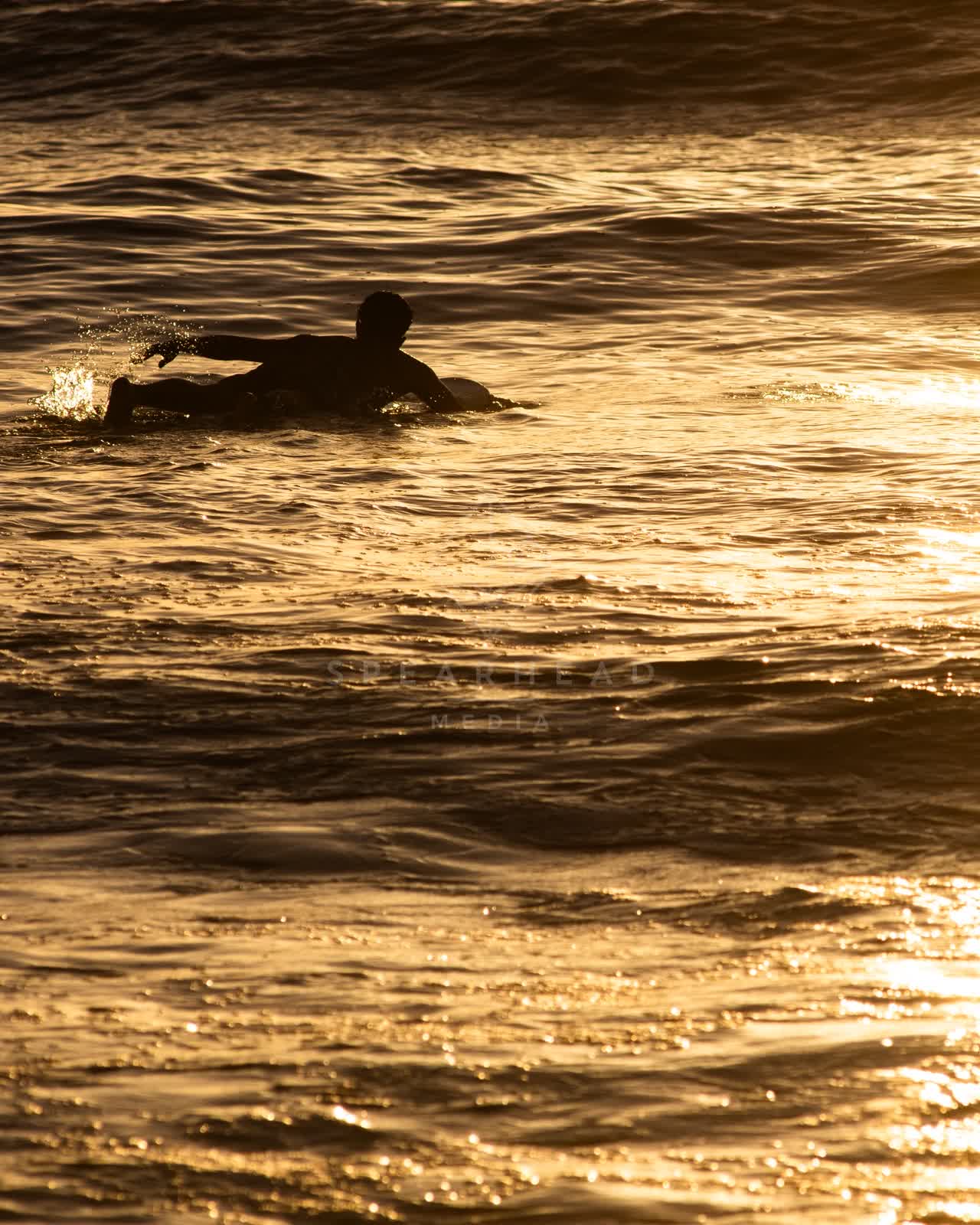 View from the water of the beach, the surf and the ocean in Ocean Beach, with paddlers on the water.