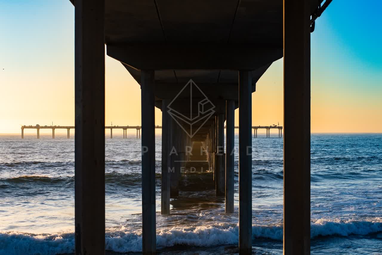 View from the water of the beach, the surf and the pier in Ocean Beach.