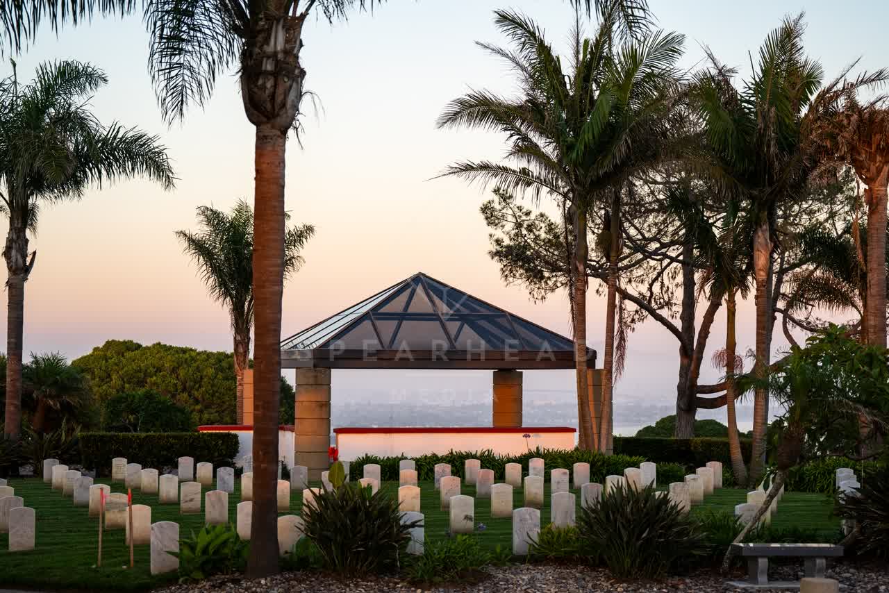 Elevated view of a park, palm trees and the buildings at Fort Rosecrans.