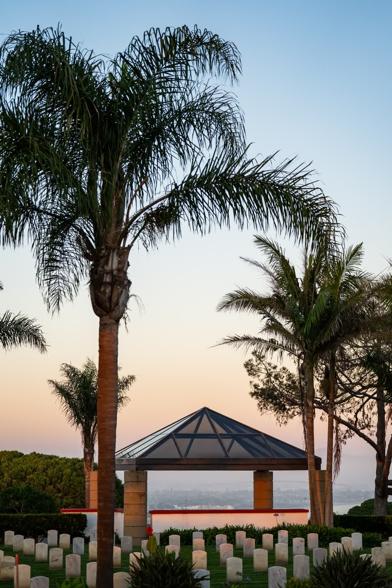 Elevated view of a park, palm trees and the buildings at Fort Rosecrans.