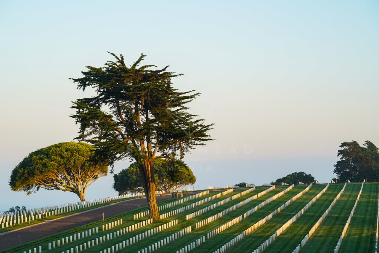 Elevated view of a park, open country and the water at Fort Rosecrans.