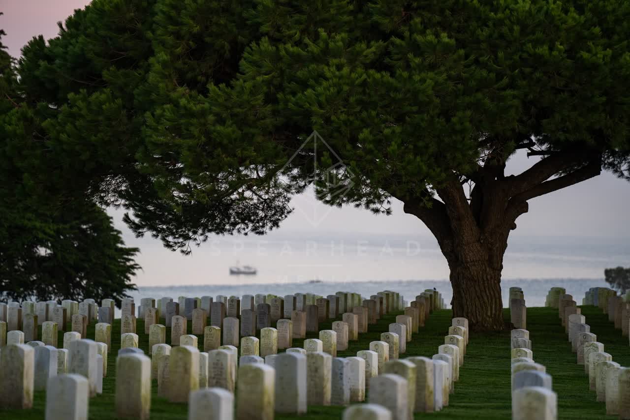 Elevated view of a park, boats and the ocean at Fort Rosecrans.