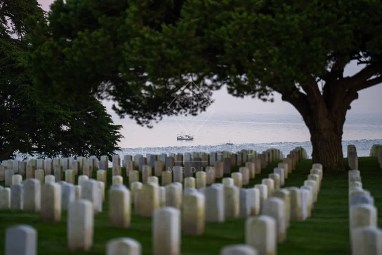 A park, boats and the ocean at Fort Rosecrans.