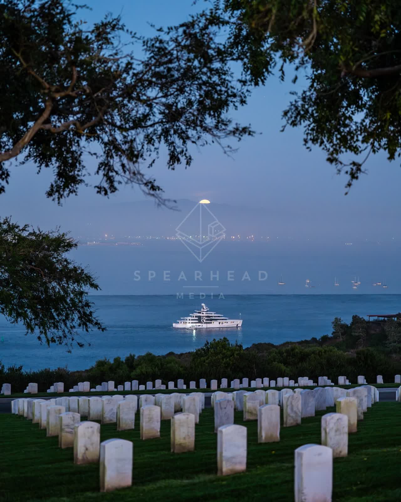 Elevated view of a park, boats and the bay at Fort Rosecrans.