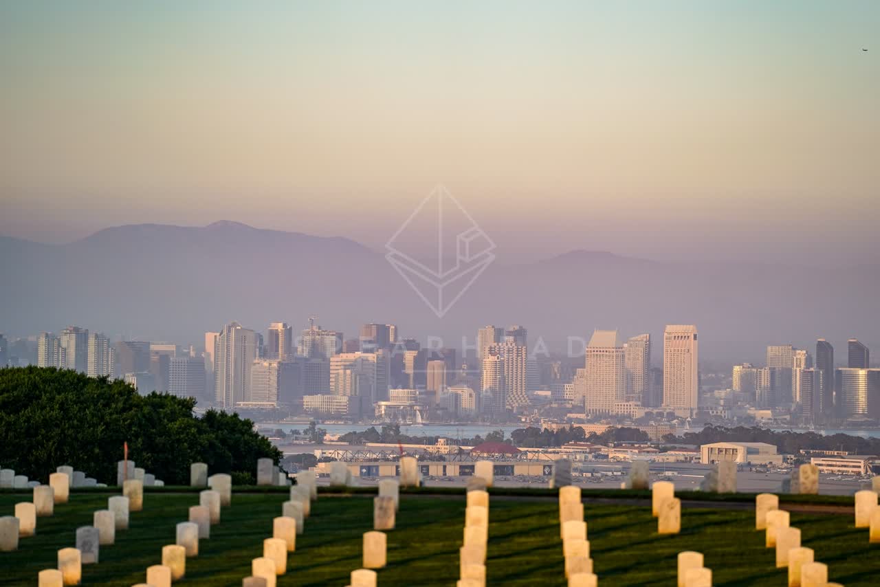 Elevated view of the downtown streets, the skyline and the buildings at Fort Rosecrans.