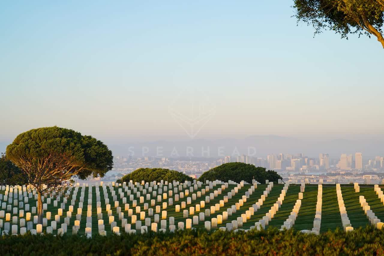 Elevated view of a park, the skyline and the city at Fort Rosecrans.