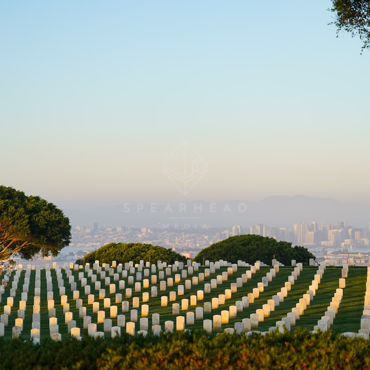 Elevated view of a park, the skyline and the city at Fort Rosecrans.