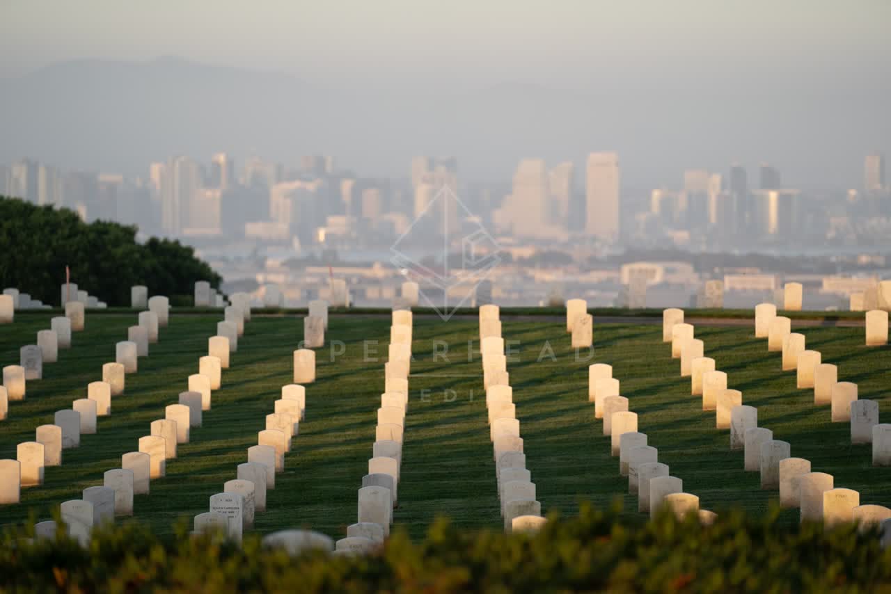 Elevated view of a park, the skyline and the buildings at Fort Rosecrans.