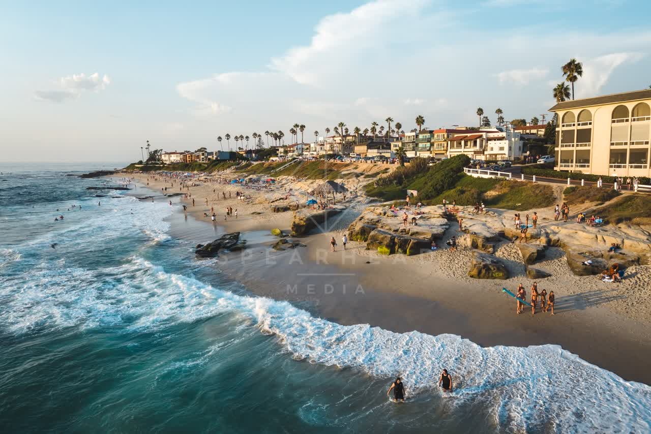 Aerial view of the beach, the surf and palm trees at Windansea, with swimmers in the water.