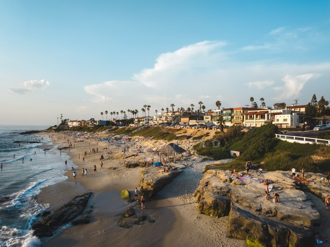 Low aerial view of the beach, palm trees and the ocean at Windansea, with a crowd gathered.