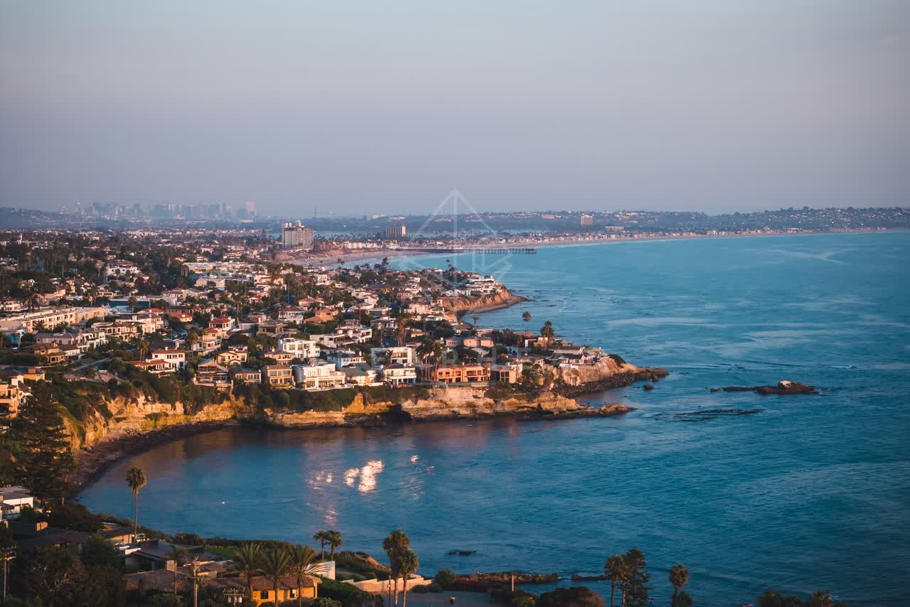 Aerial view of the cliffs, the skyline and palm trees at Bird Rock.