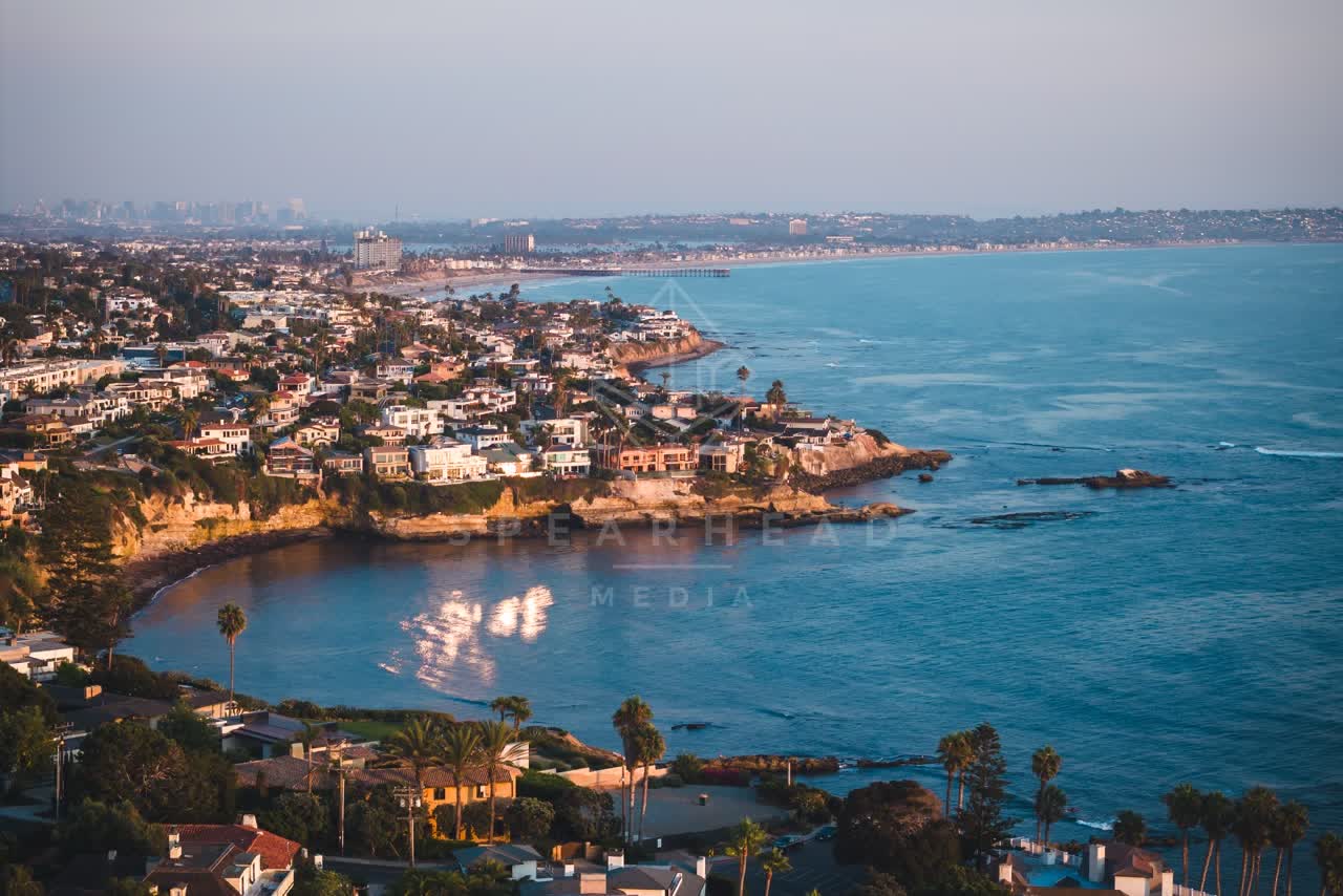 Aerial view of the cliffs, the skyline and palm trees at Bird Rock.