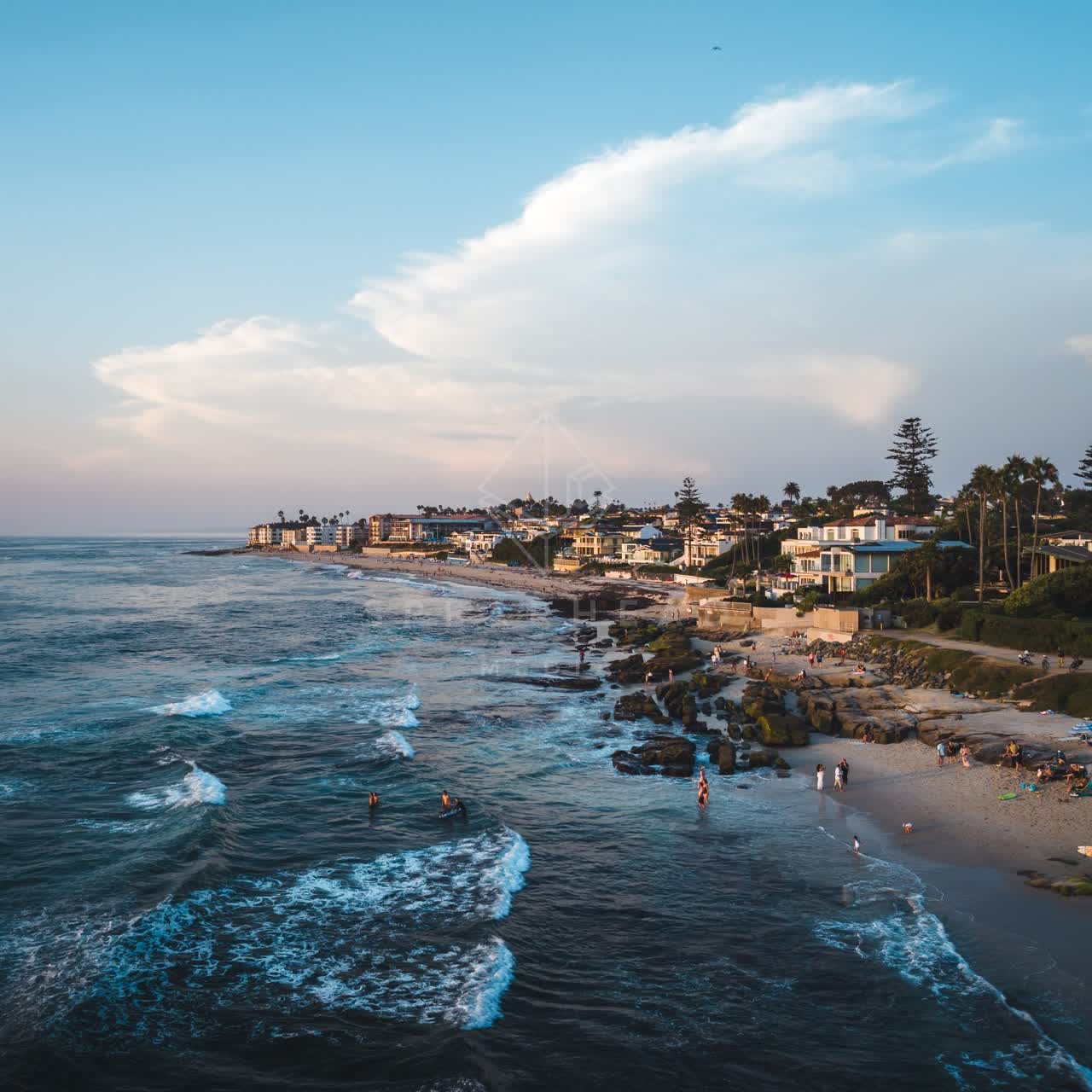 Aerial view of the beach, the surf and palm trees at Windansea, with swimmers in the water.